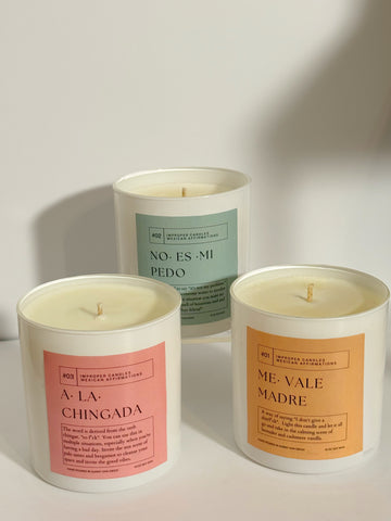 Spanglish Candle Collection – Me Vale Madre, No Es Mi Pedo, A La Chingada – Funny Mexican Affirmation Soy Candles